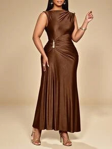 KIORVELLA Plus Size Women's Elegant Solid Color Metal Decoration Slim Fit Autumn And Winter Dress, Suitable For Daily Commuting, Shopping, Parties, Gatherings - Coffee Brown - View 2