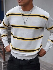 NEOREFINED Men's Crew Neck Long Sleeve Striped Simple Knit Sweater, Casual Everyday Wear - Grey - View 6