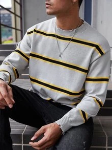 NEOREFINED Men's Crew Neck Long Sleeve Striped Simple Knit Sweater, Casual Everyday Wear - Grey - View 7