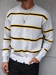 NEOREFINED Men's Crew Neck Long Sleeve Striped Simple Knit Sweater, Casual Everyday Wear - Grey - View 3