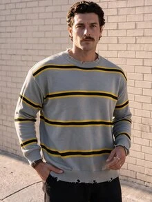 NEOREFINED Men's Crew Neck Long Sleeve Striped Simple Knit Sweater, Casual Everyday Wear - Grey - View 1