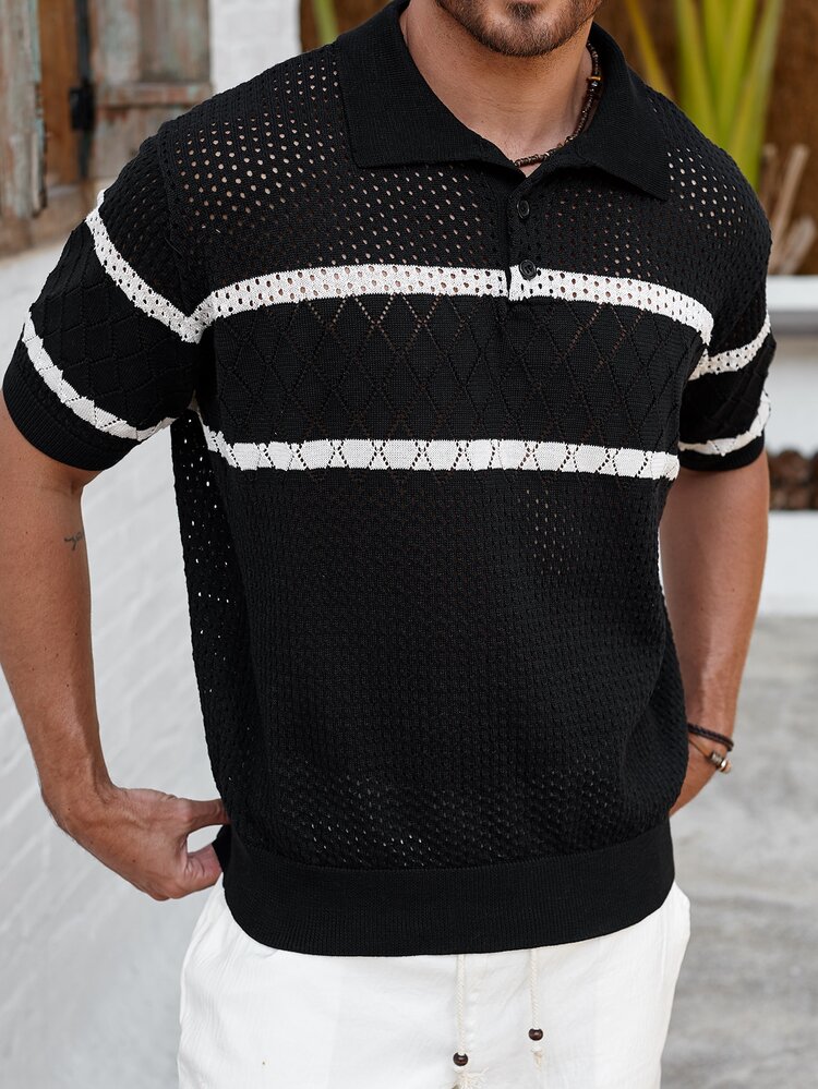 NEOREFINED Men's Solid Color Front Button Patchwork Short Sleeve Casual Knitted Sweater - Multicolor - View 4