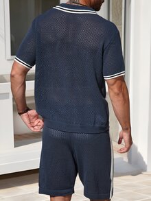 NEOREFINED 男士撞色条纹镂空针织短袖上衣短裤套装 - 藍色 - 查看 2