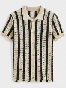 NEOREFINED Jersey de manga corta de punto con franjas en contraste para hombre - Caqui - Ver 2