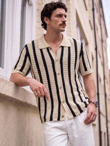 NEOREFINED Jersey de manga corta de punto con franjas en contraste para hombre - Caqui - Ver 1