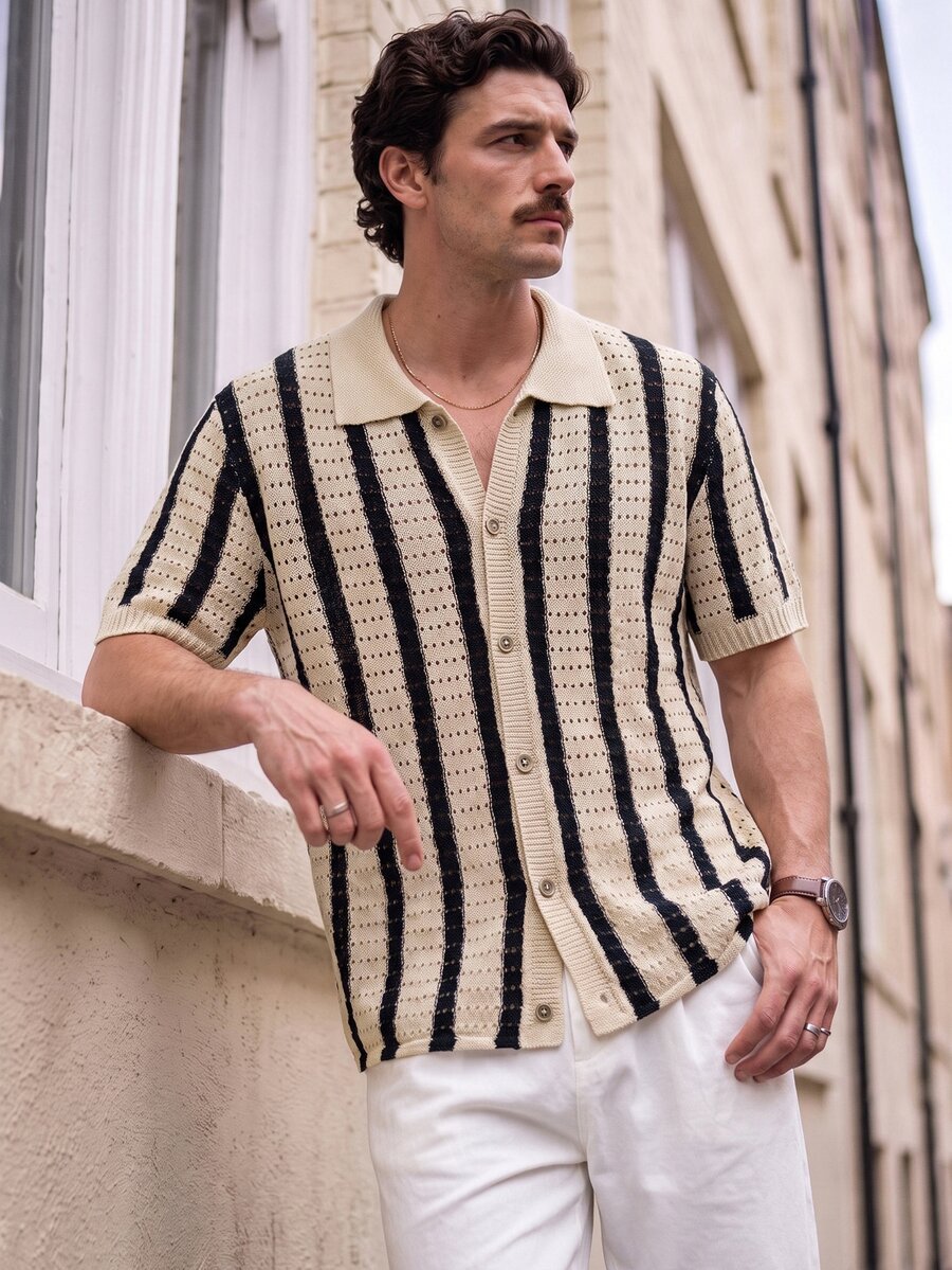 NEOREFINED Jersey de manga corta de punto con franjas en contraste para hombre - Caqui - Ver 1
