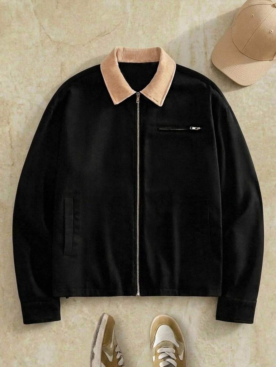 HIMLAND Men's Colorblock Zipper Casual Daily Travel Long Sleeve Jacket, Streetwear, Corduroy, Autumn Winter