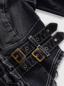 ROMWE Autumn/Winter Y2K Punk Millennium Style Sexy Deep V-Neck Buckle Fitted Long Sleeve Collared Distressed Washed Denim Shirt Women Top - Black - View 9