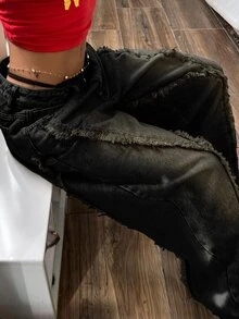 SHEIN ICON 大尺碼復古寬鬆個性暗紫色牛仔褲，百搭休閒街頭風，適合音樂節、假期度假、海灘俱樂部、生日、秋季穿搭 - 黑色 - 查看 7