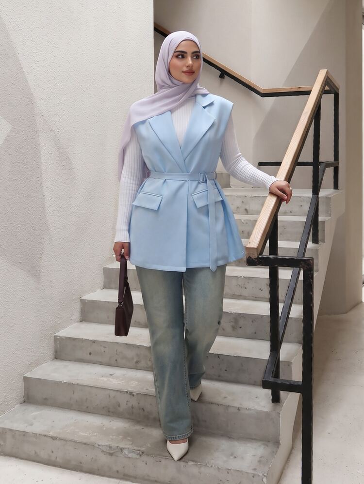 Solavon Plus Size Women's Solid Color Single Button Casual Commute Blazer Vest - Baby Blue - View 4