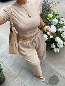 Muchica 女款大尺碼休閒傳統圓領短袖T恤與長褲兩件套，正式度假風，灰色夏季款 - 卡其色 - 查看 6