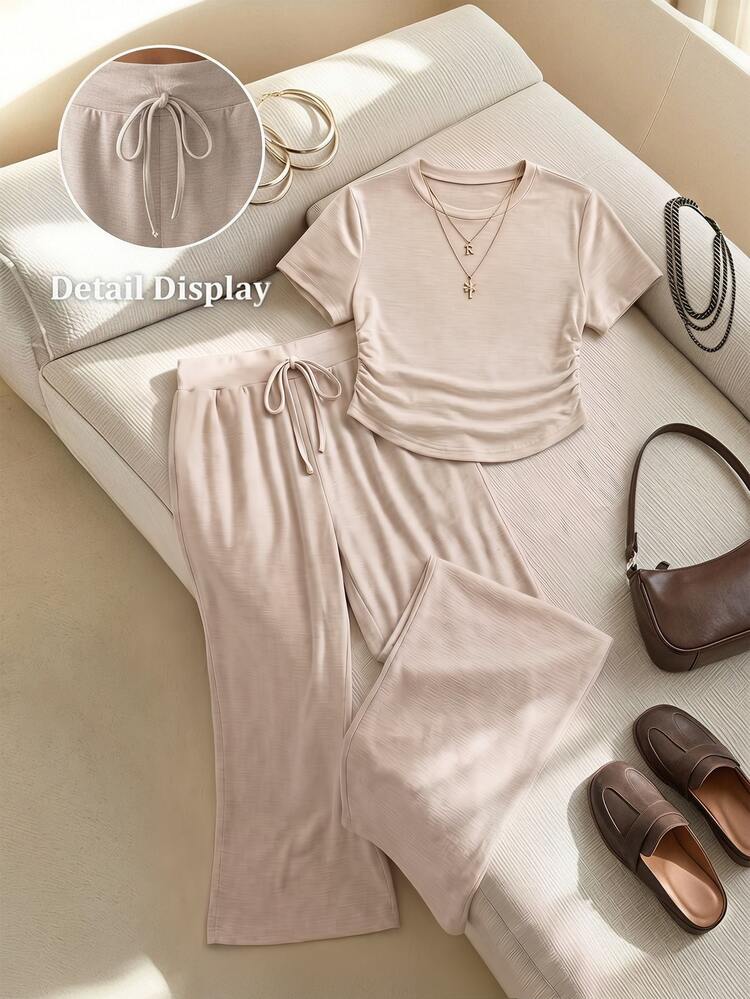 Muchica Casual Traditional Women's Plus Size Round Neck Short Sleeve T-Shirt And Pants 2 Pieces Set Formal Vacation Grey Summer - Khaki - View 8