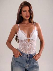 SHEIN BAE 女款黑色蕾絲飾邊性感百搭透視連身衣 - 白色 - 查看 4