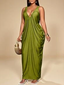 KIORVELLA Gaun Slim-Fit Leher V Dalam untuk Wanita Ukuran Plus, Cocok untuk Pesta, Acara Formal, dan Pertemuan. - Limelight Green - View 6