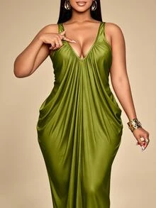 KIORVELLA Gaun Slim-Fit Leher V Dalam untuk Wanita Ukuran Plus, Cocok untuk Pesta, Acara Formal, dan Pertemuan. - Limelight Green - View 3