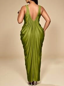 KIORVELLA Gaun Slim-Fit Leher V Dalam untuk Wanita Ukuran Plus, Cocok untuk Pesta, Acara Formal, dan Pertemuan. - Limelight Green - View 5