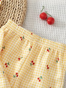 SHEIN Vintaside Kids 女童两件套：无袖格纹樱桃印花上衣，饰有3D樱桃图案，搭配宽松阔腿裤，适合休闲、海滩、度假穿着，夏季皆宜。 - 黃色 - 查看 8