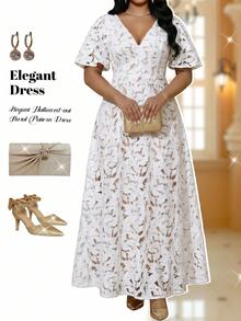 Fleurora Plus Size Elegant Party Solid Color Lace Dress - White - View 5