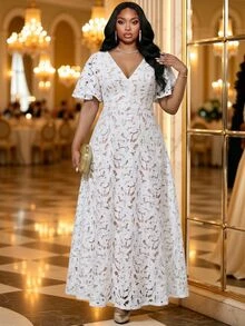 Fleurora Plus Size Elegant Party Solid Color Lace Dress - White - View 3