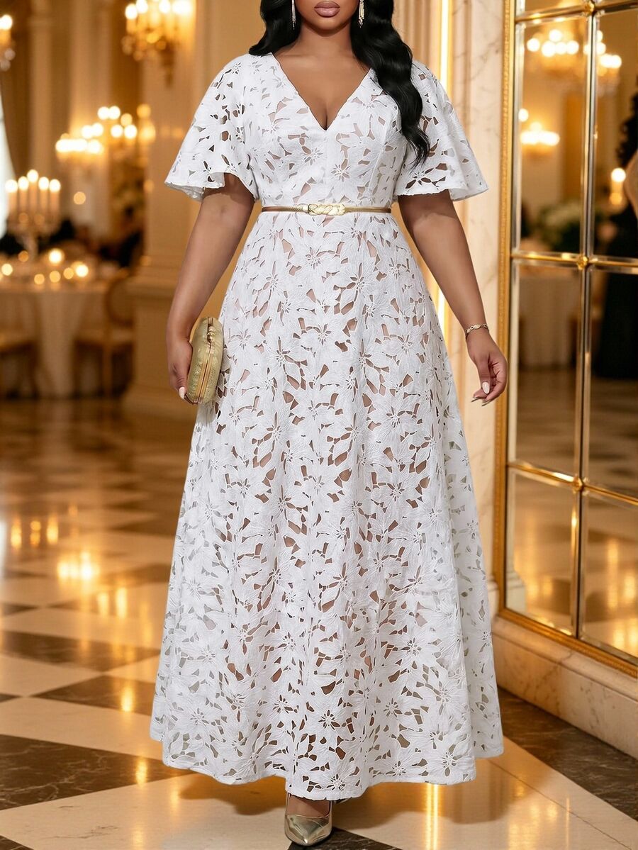 Fleurora Plus Size Elegant Party Solid Color Lace Dress - White - View 1
