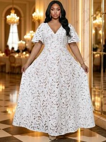 Fleurora Plus Size Elegant Party Solid Color Lace Dress - White - View 4