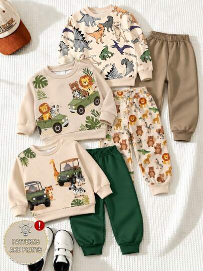 Baby Boy Crew Neck Casual Pullover Sweatshirt, Printed With Classic Cute Animal Protection Patrol Hand-Drawn Fairy Tale Animal Patterns, Leopard, Bear, Lion, Zebra, Crocodile, Suitable For Autumn/Winter With Fleece Lining And Thickened