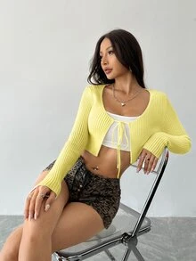 SHEIN Unity Women's Solid Color Long Sleeve Cropped Casual Tie-Front Cardigan - Yellow - View 4