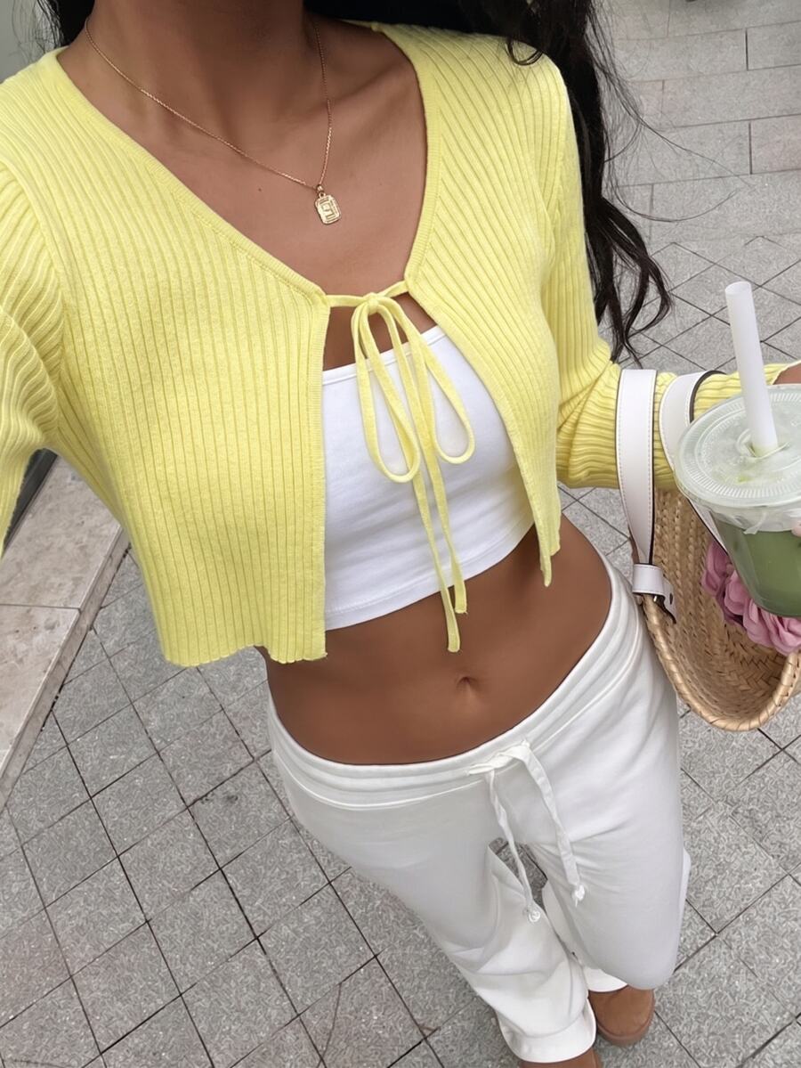 SHEIN Unity Women's Solid Color Long Sleeve Cropped Casual Tie-Front Cardigan - Yellow - View 1