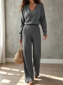 Balvessa Women's 2pcs Knit Sweater Set Cross V-Neck Wrap Waist Cropped Drop Shoulder Long Sleeve Top High Waist Ribbed Drape Wide Leg Pants Dark Grey - Grey - View 1