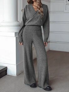 Balvessa Women's 2pcs Knit Sweater Set Cross V-Neck Wrap Waist Cropped Drop Shoulder Long Sleeve Top High Waist Ribbed Drape Wide Leg Pants Dark Grey - Grey - View 3
