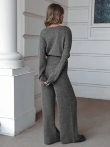 Balvessa Women's 2pcs Knit Sweater Set Cross V-Neck Wrap Waist Cropped Drop Shoulder Long Sleeve Top High Waist Ribbed Drape Wide Leg Pants Dark Grey - Grey - View 2