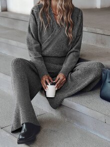 Balvessa Women's 2pcs Knit Sweater Set Cross V-Neck Wrap Waist Cropped Drop Shoulder Long Sleeve Top High Waist Ribbed Drape Wide Leg Pants Dark Grey - Grey - View 7