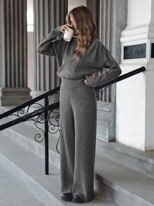 Balvessa Women's 2pcs Knit Sweater Set Cross V-Neck Wrap Waist Cropped Drop Shoulder Long Sleeve Top High Waist Ribbed Drape Wide Leg Pants Dark Grey - Grey - View 5