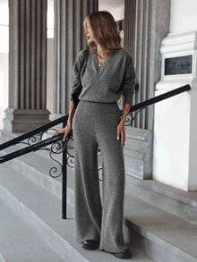 Balvessa Women's 2pcs Knit Sweater Set Cross V-Neck Wrap Waist Cropped Drop Shoulder Long Sleeve Top High Waist Ribbed Drape Wide Leg Pants Dark Grey - Grey - View 4
