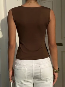Aloruh 女款優雅通勤休閒素色背心上衣，黃色上衣，社交T恤，辦公室穿著女裝，工作上衣，時尚上衣，鄉村音樂會，Y2K，夏季 - 摩卡棕 - 查看 2