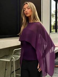 Aloruh Women's Solid Color Boat Neck Asymmetric Design Elegant Blouse - Purple - View 6
