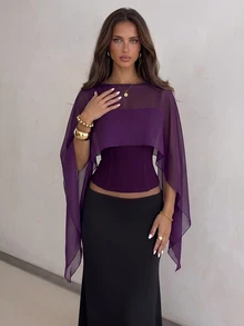 Aloruh Women's Solid Color Boat Neck Asymmetric Design Elegant Blouse - Purple - View 1