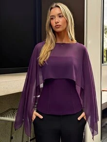 Aloruh Women's Solid Color Boat Neck Asymmetric Design Elegant Blouse - Purple - View 7