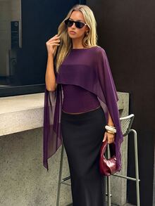 Aloruh Women's Solid Color Boat Neck Asymmetric Design Elegant Blouse - Purple - View 5