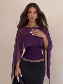 Aloruh Women's Solid Color Boat Neck Asymmetric Design Elegant Blouse - Purple - View 3