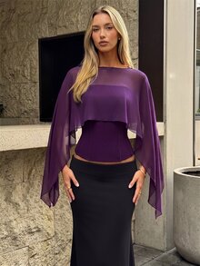 Aloruh Women's Solid Color Boat Neck Asymmetric Design Elegant Blouse - Purple - View 4