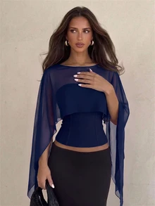 Aloruh Women's Solid Color Boat Neck Asymmetric Design Elegant Blouse - Navy Blue - View 3