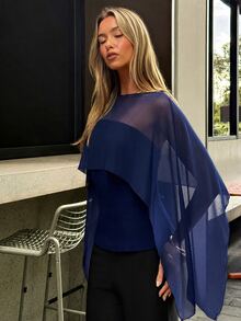 Aloruh Women's Solid Color Boat Neck Asymmetric Design Elegant Blouse - Navy Blue - View 6