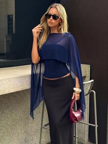 Aloruh Women's Solid Color Boat Neck Asymmetric Design Elegant Blouse - Navy Blue - View 5