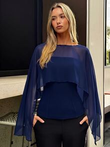 Aloruh Women's Solid Color Boat Neck Asymmetric Design Elegant Blouse - Navy Blue - View 7