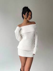 Aloruh 女款淺灰色露肩高領長袖迷你毛衣洋裝，上寬下緊，冬季時尚性感約會外穿秋季上衣 - 白色 - 查看 4