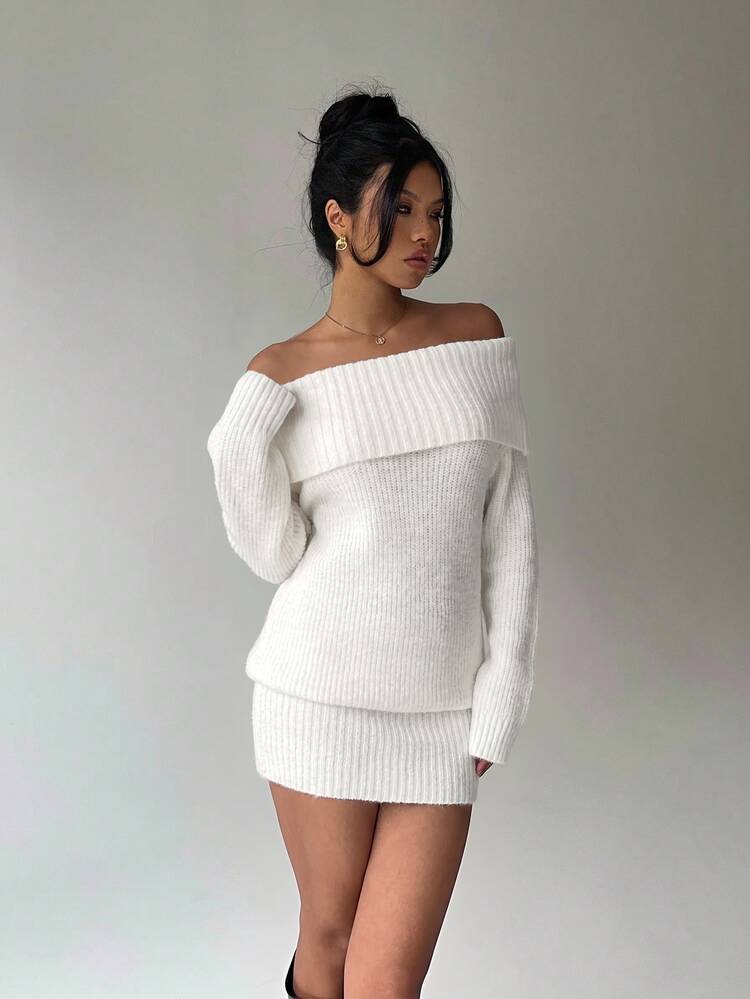 Aloruh Women's Light Grey Off-Shoulder Turtleneck Long Sleeve Mini Sweater Dress,Loose Top Tight Bottom,Winter Chic Sexy Date Night Out Autumn Fall Tops - White - View 4