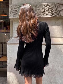 Aloruh 女款優雅高領深棕色蕾絲拼接短款針織洋裝，冬季女裝，秋季洋裝，冬季女款毛衣 - 黑色 - 查看 2
