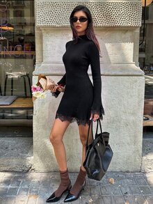 Aloruh 女款優雅高領深棕色蕾絲拼接短款針織洋裝，冬季女裝，秋季洋裝，冬季女款毛衣 - 黑色 - 查看 6