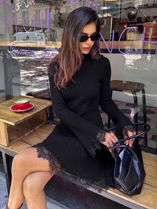 Aloruh 女款優雅高領深棕色蕾絲拼接短款針織洋裝，冬季女裝，秋季洋裝，冬季女款毛衣 - 黑色 - 查看 4